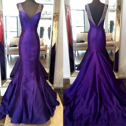 2017 Purple Mermaid V Neck Prom Dresses Beaded..