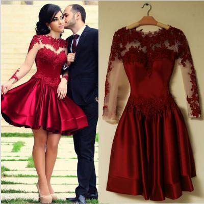 Short Party Dresses 2016 Scoop Long Sleeve Zipper Above Knee Satin with Applique Red Party Dress 2015 Sexy Formal Dresses