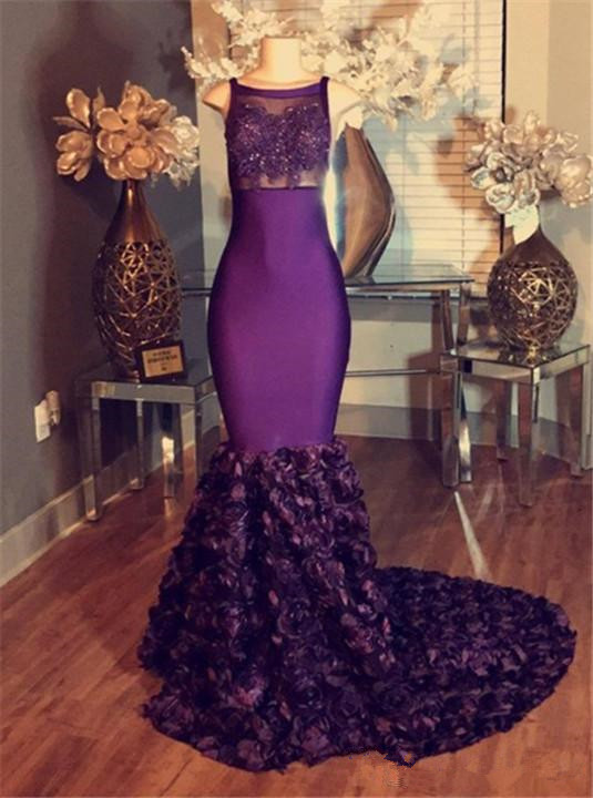 Purple Chiffon Mermaid Prom Dresses Scoop Sleeveless Handmade Flower Applique Evening Party Gowns