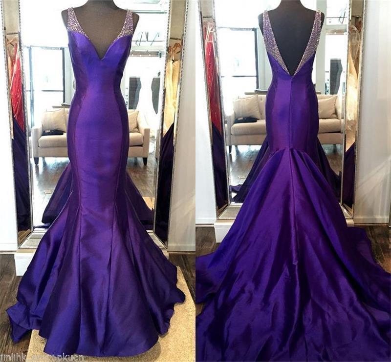 2017 Purple Mermaid V Neck Prom Dresses Beaded Formal Evening Party Gowns