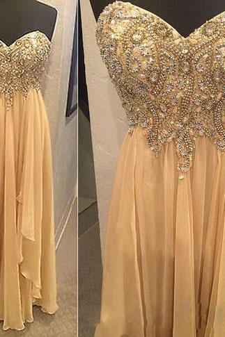 A Line Chiffon Prom Dresses Beaded Sweetheart Evening Gowns