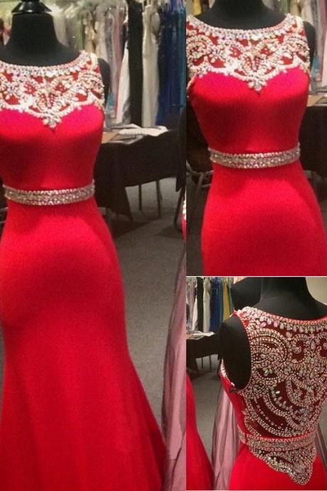 Custom Made Prom Dresses,2017 Red Mermaid Beaded Sleeveless Jewel Chiffon Evening Dresses Sash Crystals Illusion Hollow Floor Length Party Gowns